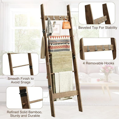 5-Tier Bamboo Ladder Shelf, Farmhouse Style Blanket Ladder, Rustic Decorative Ladder with 4 Removable Hooks, Brown