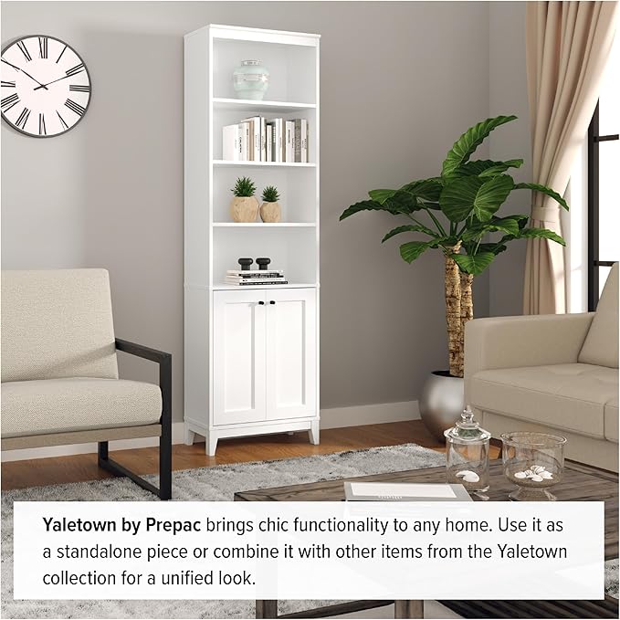 Prepac Yaletown Bookcase with Doors, White Storage Cabinet with Doors and Shelves, Accent Cabinet 23.75" W x 79.50" H x 12.25" D, WSBR-2310-1