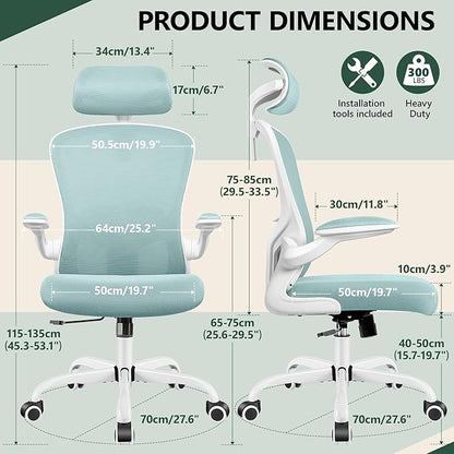 FelixKing Ergonomic Office Chair with Adjustable High Back, Breathable Mesh, Lumbar Support, Flip-up Armrests, Executive Rolling Swivel Comfy Task Computer Chair for Home Office (Light Blue)