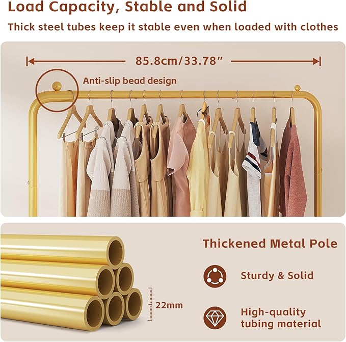 JIUYOTREE Standard Clothes Clothing Garment Rack with Storage Shelves Clothes Organizer for Hanging Clothes Coat Jacket Shirt Sweater Jeans Gold