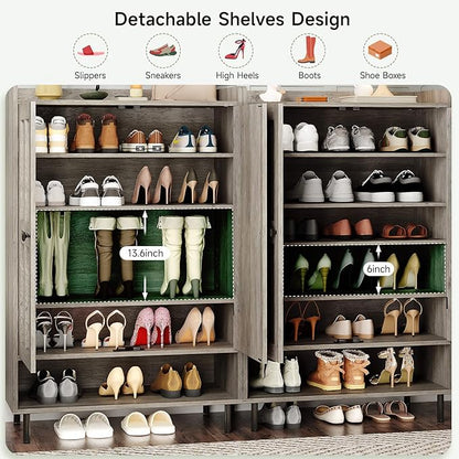 ONBRILL Shoe Cabinet with Cross Molding Doors, 6-Tier Shoe Storage Cabinet with 3 Adjustable Shelves and Metal Legs, 45'' Tall Shoes Rack Organizer Cabinet for Entryway, Front Door, Gray Wash