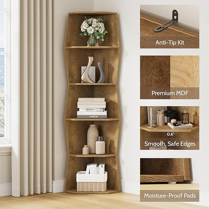 Vividwood Wavy Corner Shelf, Modern 6-Tier Irregular Wooden Corner Bookshelf, Narrow Tall Display Bookcase for Living Room, Bedroom