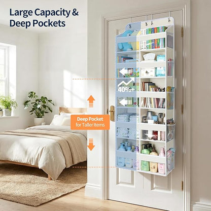 Yecaye Over The Door Organizer, 5 Tier Extra Large Behind Door Storage of 10 Compartments, 80lbs Heavy Duty Door Organizer Hanging with Clear Window for Closet Bedroom Pantry Bathroom, Beige