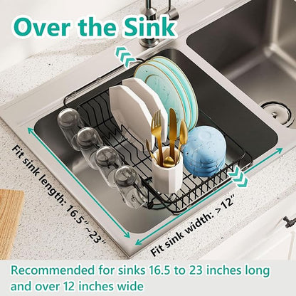 AIDERLY Dish Drying Rack in Sink Expandable Stainless Steel Kitchen Dish Drainer with 4 Cup Holders, Black