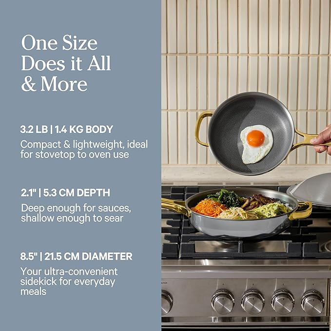 Our Place Mini Titanium Always Pan Pro | 8.5" PFAS-Free Nonstick Frying Pan with Spatula | Chef-Grade Tri-Ply Stainless Steel & Aluminum Build | Induction & Oven-Safe up to 750°F | Gold