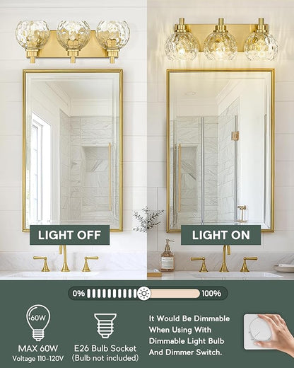 Bathroom Light Fixtures Over Mirror, 3-Light Brushed Gold Vanity Light with Clear Hammered Glass Globe Shade, Modern Sconces Wall Lighting Bedroom Hallway, VL200-BG-3