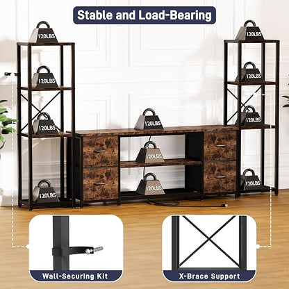 LED TV Stand Bookshelf Combo with Charging Station for 65 60 55 Inch TV, Entertainment Center with Lights & Drawers, Industrial Media TV Console Table for Living Room Bedroom Office, Rustic Brown