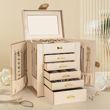 AKOZLIN 6-Tier Jewelry Box Organizer Functional Leather Jewelry Storage Case for Women Girls Ring Necklace Earring Bracelet Holder Organizer with Mirror