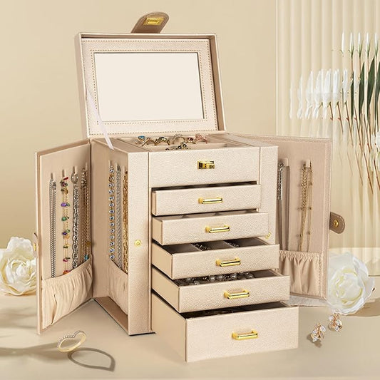 AKOZLIN 6-Tier Jewelry Box Organizer Functional 5 Drawers Leather Jewelry Storage Case for Women Girls Ring Necklace Earring Bracelet Holder Organizer with Mirror Champagne Regular