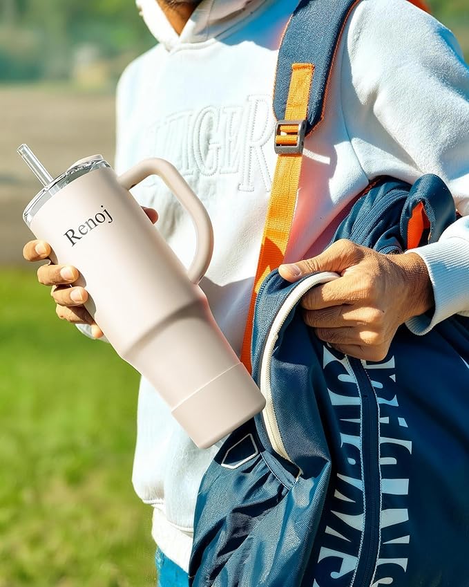 Renoj Tumbler with Handle 100% Spill Resistant Insulated Water Bottle for Iced Coffee & Hot Drinks - Fits Car Cup Holder, Ideal Gift, 2 Straws & Silicone Boot BPA-Free - FlexSlide White 40 oz