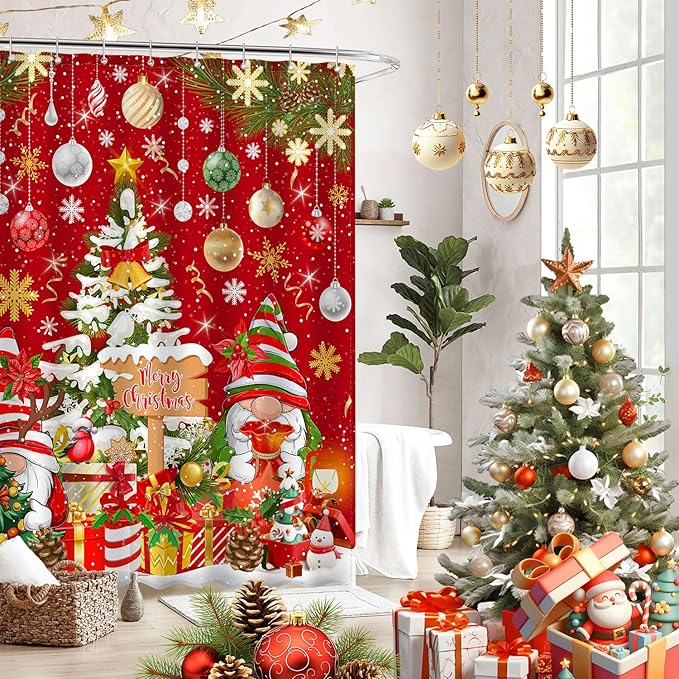 Merry Christmas Gnome Shower Curtain, Winter Xmas Tree Snow Home Holiday Bathroom Decor, Polyester Cloth Fabric Bath Curtain with 12 Hooks 72" W x 72" L Red