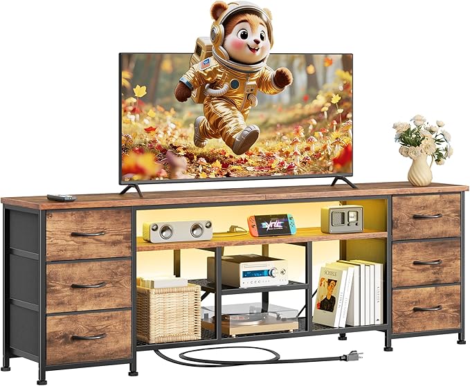 Furologee LED TV Stand for 65, 75, 80 Inch TV, 71 Inch Entertainment Center with Power Outlets, 6 Fabric Drawers Dresser for Bedroom, Media Console with Open Shelves, Rustic Brown