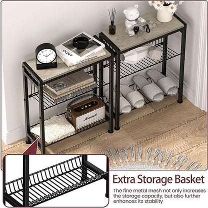 Narrow Side Table for Small Space, 3-Tier End Table with Magazine Holder, Slim Nightstand with Wire Shelf, Skinny Bedside Table in Living Room, Bedroom, Study, Kitchen and Balcony(Greige)