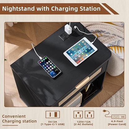 LEYAOYAO Rattan Nightstands Set of 2 with Charging Station, Black Night Stand with Drawer, 23" Wide Boho Bedside Table with Storage Shelf, Bed Side End Tables for Bedroom, Living Room, Hallway