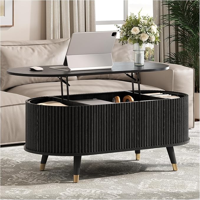 SULIVES Oval Coffee Table with Storage, Multifunctional Coffee Table with Lifting Top, Small Fluted Center Table for Living Room, Black