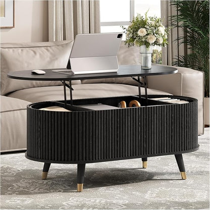 SULIVES Oval Coffee Table with Storage, Multifunctional Coffee Table with Lifting Top, Small Fluted Center Table for Living Room, Black
