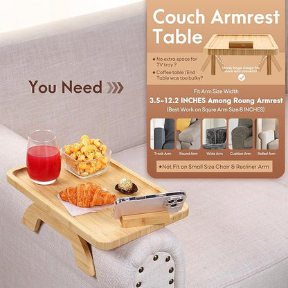 SINWANT Couch Arm Tray,Bamboo Sofa Clip on Side Table,Foldable Couch Armrest Table with 360°Rotating Phone Holder,Anti Slip Food Trays for Eating/Drinks/Snacks/Remotes 15.35" x 9.85"