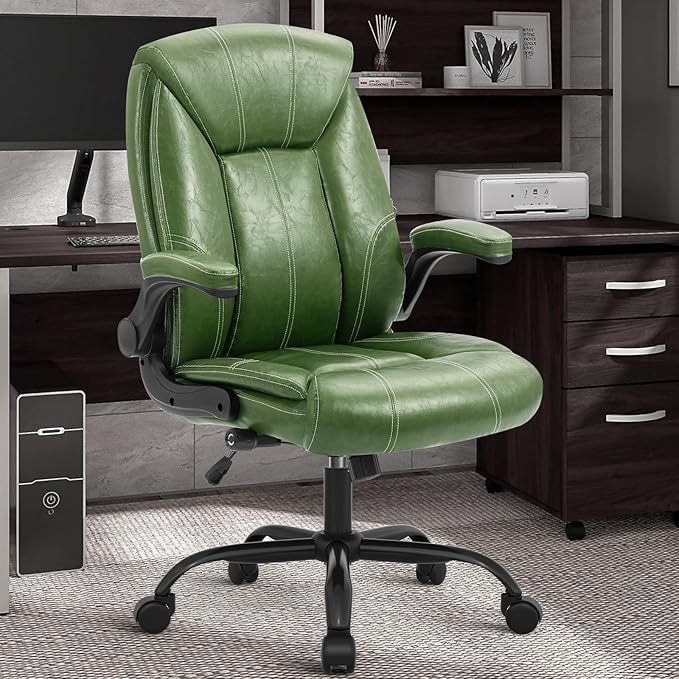 YAMASORO Executive Office Chair,Big and Tall Ergonomic Desk Chair with Adjustable Lumbar Support,Breathable PU Leather Computer Chair wih Flip-up Arms and Wheels,Green