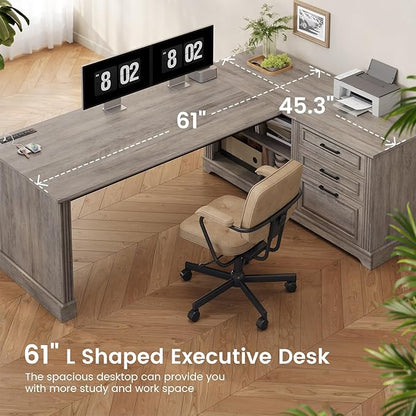 SEDETA Executive Desk, 61" Farmhouse L Shaped Desk with File Drawers, Office Desk with Drawers and Power Outlets, Computer Desk with Storage Shelves for Home Office, Grey