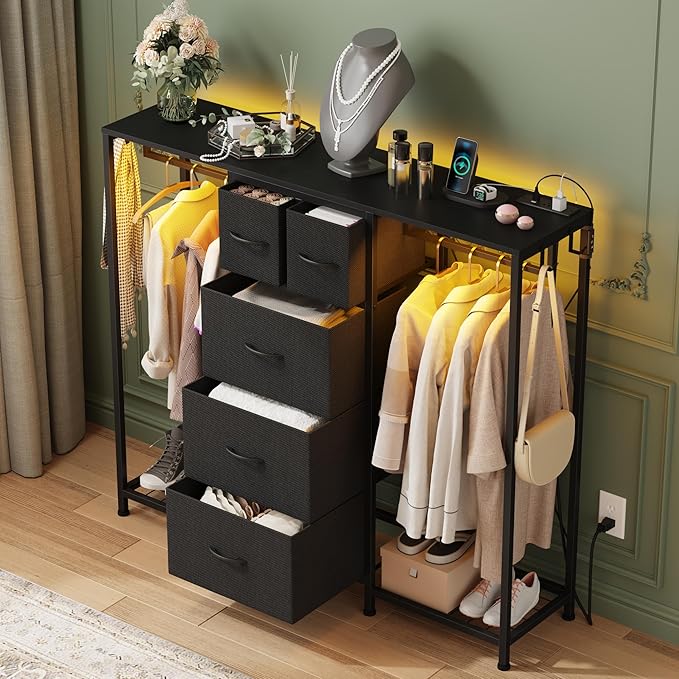 49.2”W Dresser with 2 Hanging Racks, 5 Drawers Dresser with LED Lights & Charging Station, Dressers with Clothes Rack, Shoe Racks and Side Hooks, TV Stand Chest of Drawers for Bedroom, Black