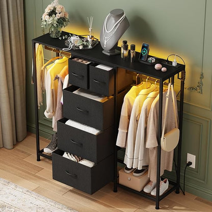 49.2”W Dresser with 2 Hanging Racks, 5 Drawers Dresser with LED Lights & Charging Station, Dressers with Clothes Rack, Shoe Racks and Side Hooks, TV Stand Chest of Drawers for Bedroom, Black
