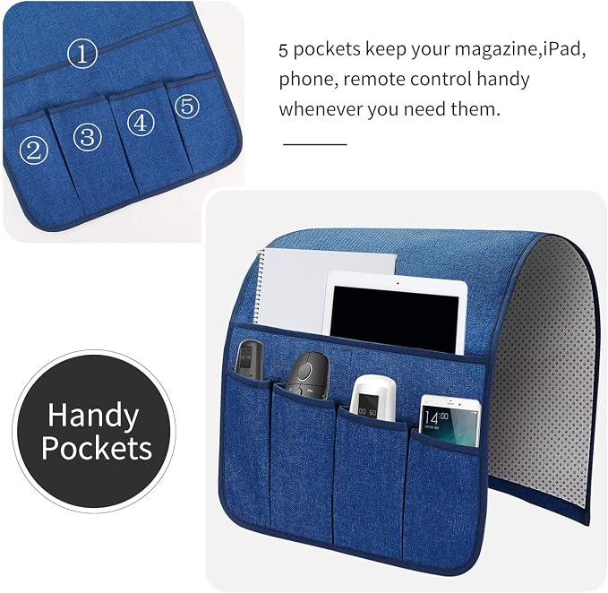 Sofa Armrest Organizer, Remote Control Holder for Recliner Couch, Arm Chair Caddy with 5 Pockets for Magazine, Tablet, Phone, iPad