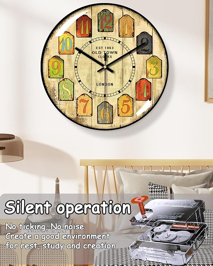 Decorative Wall Clocks Batterys Operated, Retro Wall Clock with Glass Dial, 12-Inch Dial with Roman Numerals, Silent and No Ticking, Suitable for Living Room, Bedroom, Dining Area, Workspace