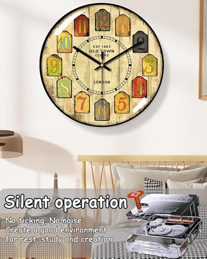 Decorative Wall Clocks Batterys Operated, Retro Wall Clock with Glass Dial, 12-Inch Dial with Roman Numerals, Silent and No Ticking, Suitable for Living Room, Bedroom, Dining Area, Workspace