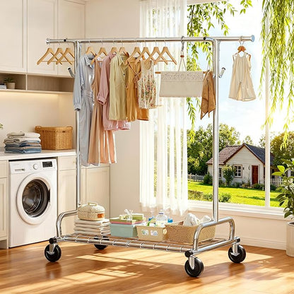 Raybee Heavy Duty Clothes Rack, 75''W Clothing Rack with 4 Hooks & Sturdy Wheels, 450 LBS Capacity, Rolling Garment Rack Holds 150 Clothes, for Bedroom/Laundry/Commercial Use, Silver