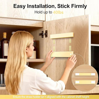 Straw Holder for Cabinet Door, 9.6” Adjustable Two-Part Large Acrylic Straws Organizer with Ultra Sticky Adhesive Strips, 2025 Reusable Straw Storage for Kitchen Cupboard (Milky Yellow)