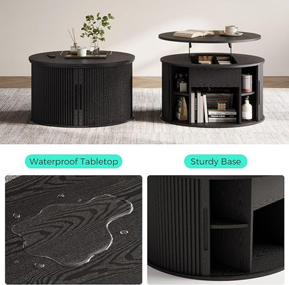 LINSY Lift Top Coffee Table, Round Fluted Coffee Table with Storage, Mid Century Modern Wooden Coffee Tables with Sliding Tambour Door, 31.5" Center Table for Living Room, Office, Small Space, Walnut