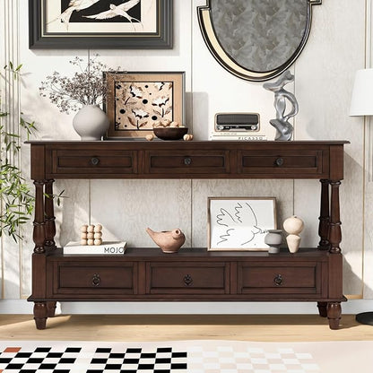 KEIKI 54”L Pine Solid Wood Entryway Console Table with 6 Storage Drawers, Vintage Behind Couch Sofa Table with 2 Tiers Open Shelf for Hallway, Entrance, Entry Way, Living Room, Foyer