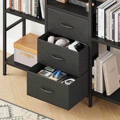 AFLUI Triple Bookshelf with 3 Fabric Drawers, 4-Tier Book Shelf and 10 Display Shelves, Industrial Large Bookcase for Home & Office, Black, 47'' Wide