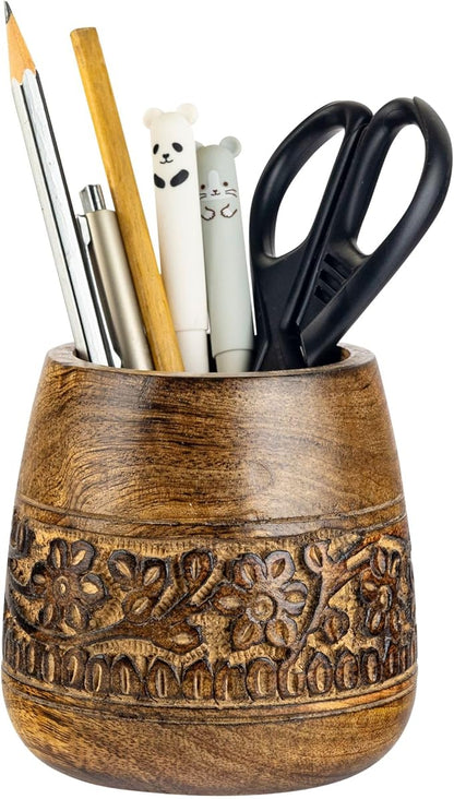 Mie Creations Designer Pencil Holder for Desk Wood | Wooden Pen Stand, Paintbrush Cup, Desk Accessories, Cute Make Up Brush Organizers | Office Desktop Stationery, Christmas Holidays Gift- 4'' Brown