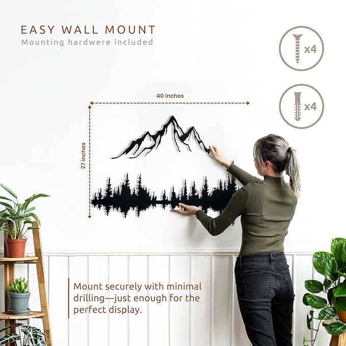 Wita Home Mountain and Forest Metal Wall Art, Wall Mounted Home Decor, Pine Trees Wall Art for Living Room, Bedroom or Office, Large Outdoor Wall Decor, Nature Christmas Decor (Black, 40x27 inches)