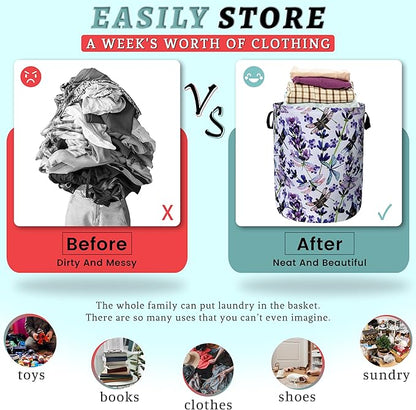 Dragonfly Laundry Basket Foldable With Handles Purple Floral Tote Bag Oxford Cloth Colorful Laundry Hamper Clothes Storage Bucket Toy Organizer For Bathroom/Laundry/Bedroom 18.9" x 16.5 "