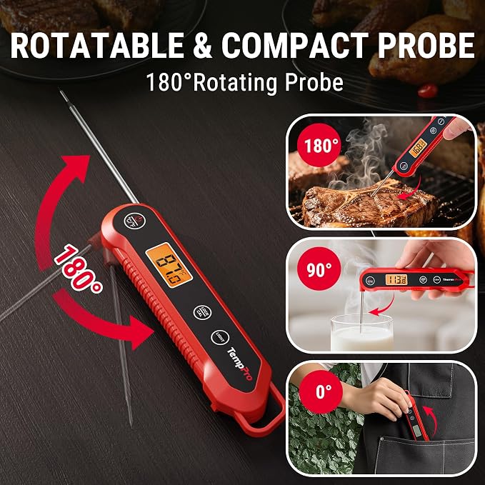 TempPro 1 Second Instant Read Digital Meat Thermometer, ±0.9°F Accuracy, Waterproof & Backlight Food Thermometer for Cooking, Oil Fry Candy Meat Probe for Kitchen, BBQ, Oven, Grill, Smoker