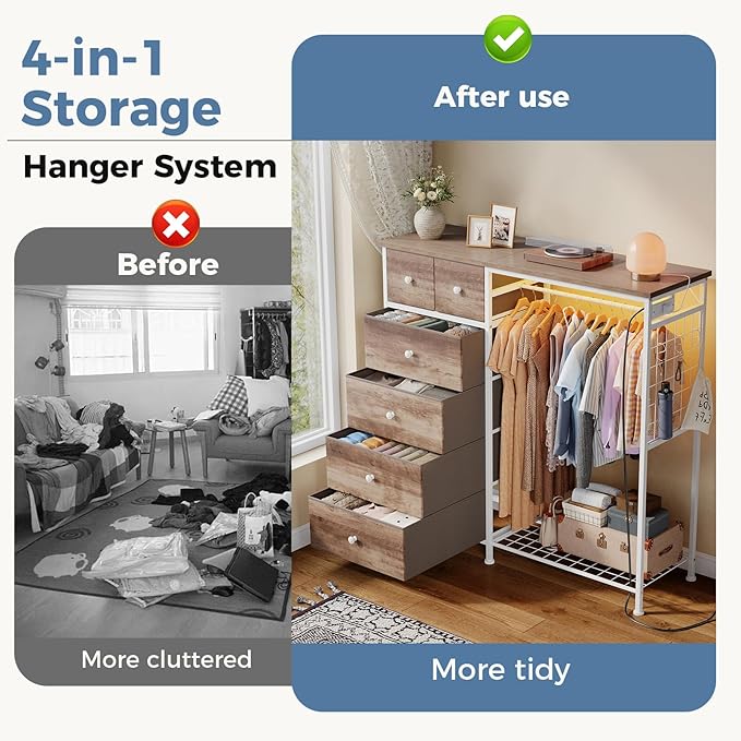 OLIXIS 6 Storage for Bedroom with Hanging Rack with LED Lights & Charging Station, Fabric Chest of Storage with Rack, Wooden Top, for Home Living Room Entryway Brown