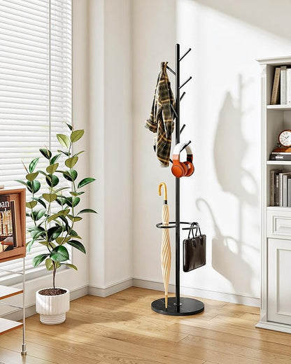 CHOEZON Coat Rack Freestanding, Coat Rack with Umbrella Holder, Coat Hanger Stand with 8 Hooks, Coat Tree with Marble Base, 3 Adjustable Size, for Entryway, Living Room, Bedroom Marble Black TYM09BD