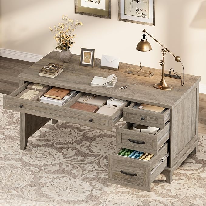 53.5" Farmhouse Home Office Desk with File Cabinet, Wooden Executive Desk with Power Outlet, Work Desk with Drawers, Traditional Wood Desk for Home and Office, Gray