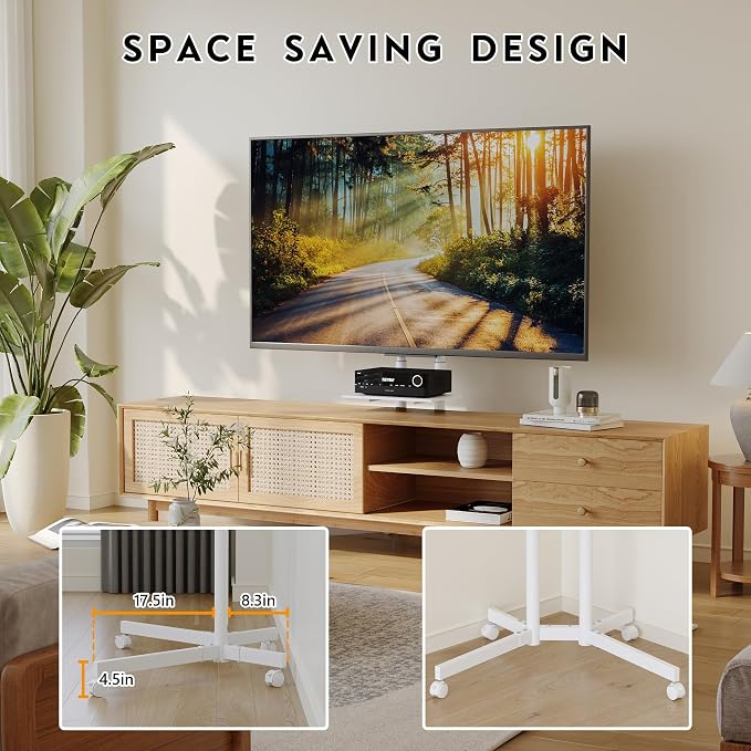 BONTEC Rolling TV Stand with Tilt, Mobile TV Cart for 32–85 Inch LED LCD Flat Curved TVs, Portable Stand with Laptop Shelf, Locking Wheels, Outdoor TV Stand Holds 132 lbs, Max VESA 600x400mm, White