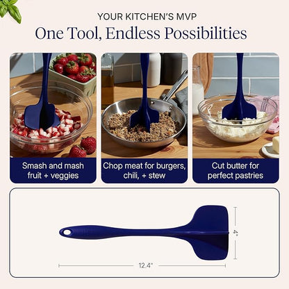 GIR: Get It Right Silicone Potato Masher & Quad Meat Chopper - 12 In Navy - Heat Resistant up to 425°F Fiberglass Core - 7-Blade Ground Meat Chopper & Food Masher - Dishwasher Safe Kitchen Gadget