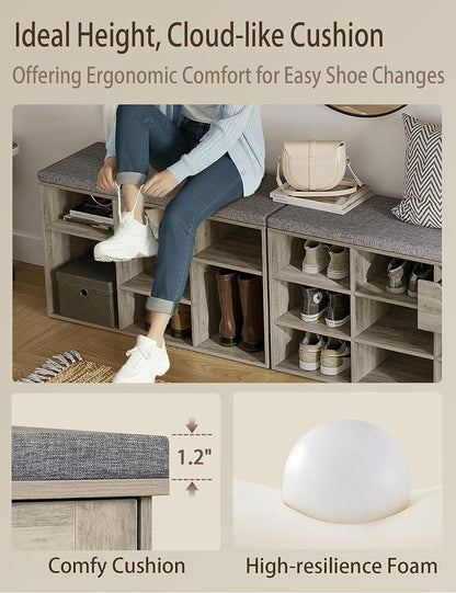DINZI LVJ Shoe Bench, 9 Cubbies Shoe Organizer for Entryway, Storage Bench with Cushion, Cubby Shoe Rack with Adjustable Shelves for Living Room, Bedroom, Mudroom, Hallway, Gray Wash