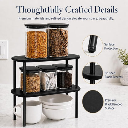 Ibyx Cabinet Organizer Set of 2 - Kitchen Pantry Organizers and Storage with Bamboo Top & Brass-Effect Metal Legs - for Kitchen Counter & Stackable Shelves for Cabinets with 22 lb Capacity - Black