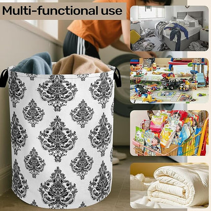 Black White Damask Flower Foldable Laundry Hamper - Waterproof Fabric Storage Basket with Handles, Clothes Hampers for Laundry,Bedroom,Dorm