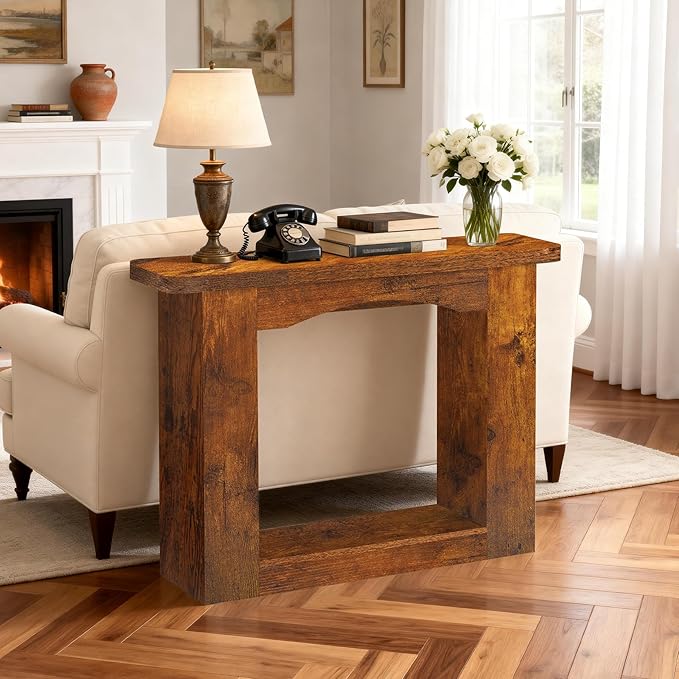 43 Inch Entryway Table U-Shaped Extension, 1.6 Inch Thick Desktop Wooden Console Table with Socket Farmhouse Sofa Table for Entrance, Hallway, Living Room,Behind Couch(Rustic Brown)