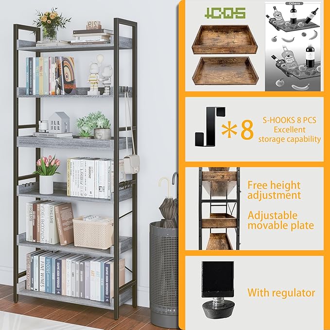 HCHQHS 6 Tier Bookshelf, Adjustable Industrial Bookcase, Vertical Tall Book Shelf, Wood and Black Metal Open Bookshelves for Home Office, Living Room, Bedroom