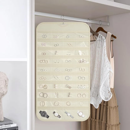 2 Pack Hanging Jewelry Organizer 80-Pocket Dual-sided Jewelry Storage for Earring Necklace Bracelet Ring Travel Holder, Beige