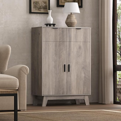Fluted Shoe Cabinet, 4-Tier Mid Century Modern Narrow Shoe Storage Cabinet with Doors & 2 Drawers, Adjustable Shelves, Freestanding Hidden Shoe Rack Organizer & Wooden Legs for Entryway