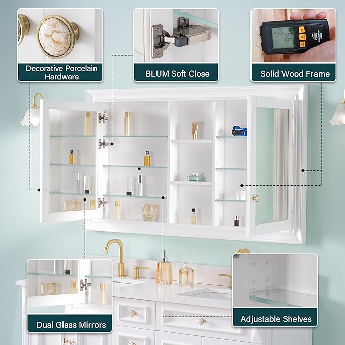 WELLFOR 55"x 32" Bathroom Medicine Cabinet with Dual Mirrors, Recessed Wood Medicine Cabinet with Built-in 6-Tier Adjustable Glass Shelves and 2 Soft-Close Doors, Recessed Mount Only